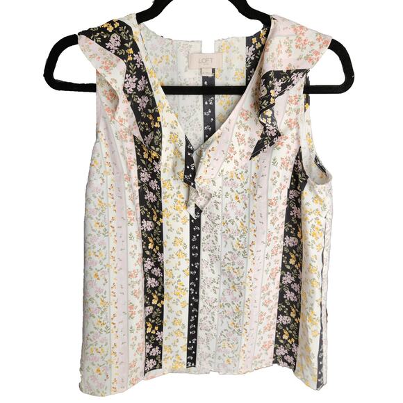 LOFT Top Floral Stripe Patchwork V-Neck Sleeveless Blouse Size XS - Picture 1 of 3